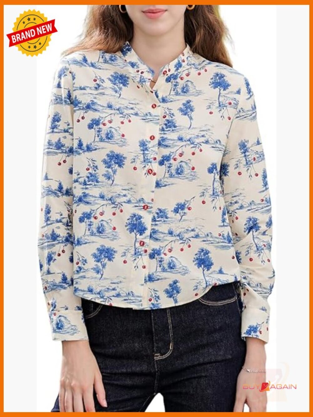 Silk Cotton Blouse Long Sleeve Floral Print Mandarin Collar Loose Fit